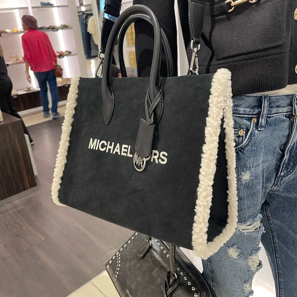 MICHAEL KORS Mirella Medium Suede and Faux Shearling Tote Bag Black  NWT